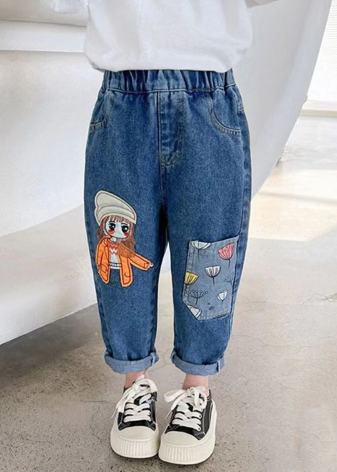 New Blue Print Pockets Elastic Waist Denim Crop Pants Spring