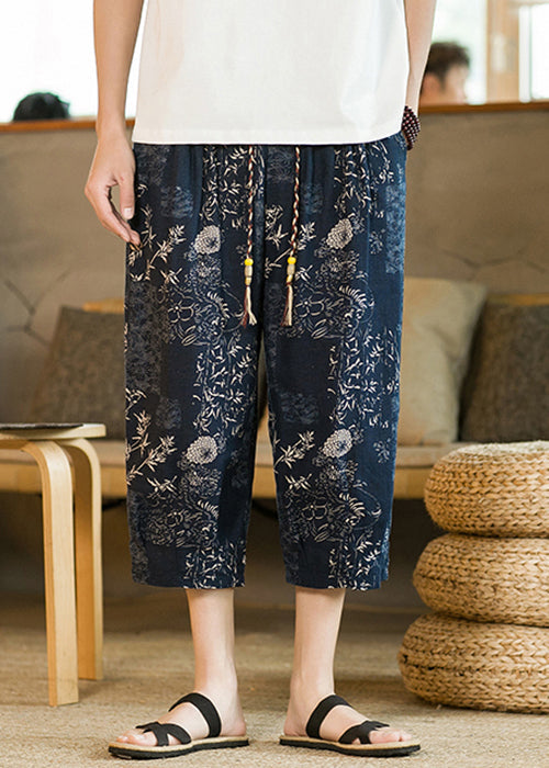 New Blue Print Pockets High Waist Cotton Crop Pants Summer