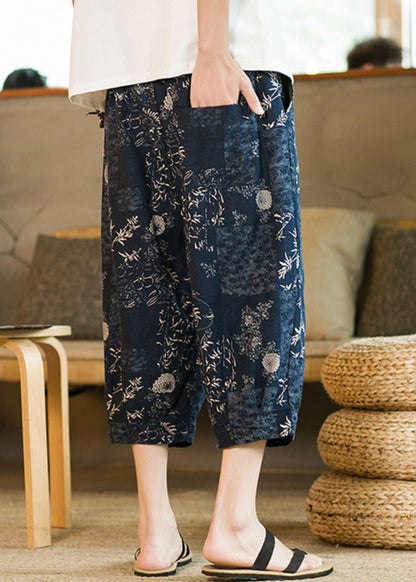 New Blue Print Pockets High Waist Cotton Crop Pants Summer
