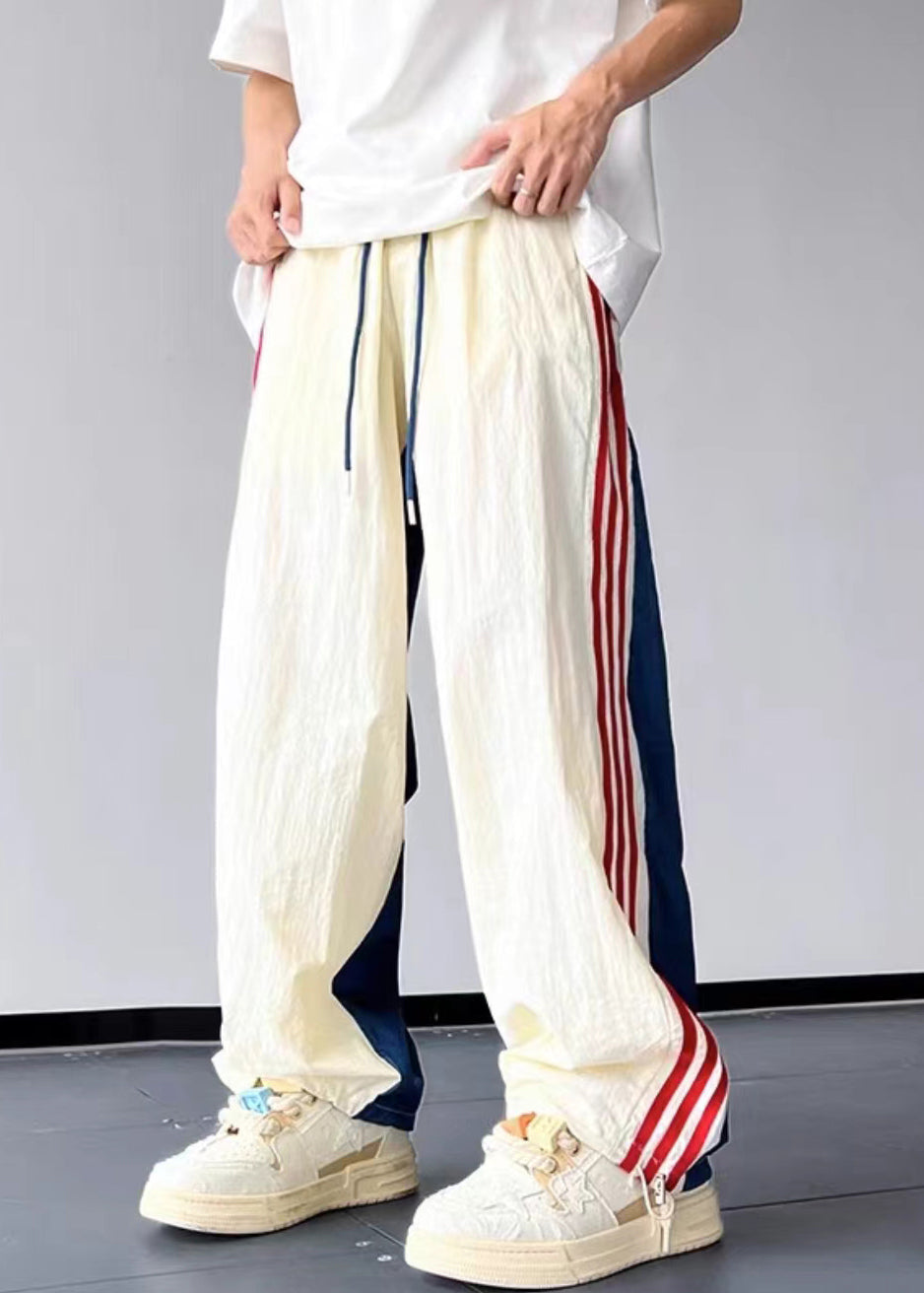 New Blue Striped Drawstring Cotton Pants Summer