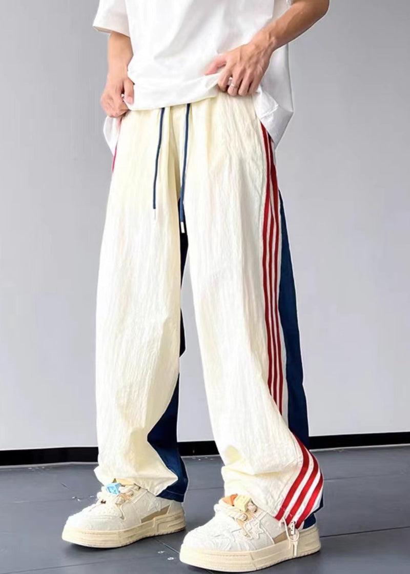 New Blue Striped Drawstring Cotton Pants Summer