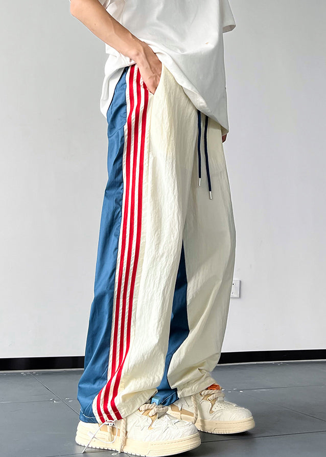 New Blue Striped Drawstring Cotton Pants Summer
