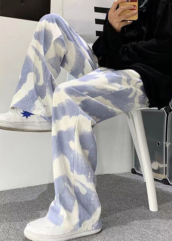 New Blue Tie Dye High Waist Cotton Trousers Fall