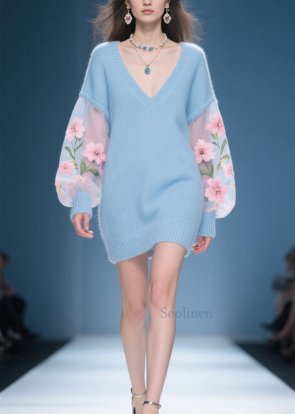 New Blue V Neck Patchwork Knit Sweater Dress Fall