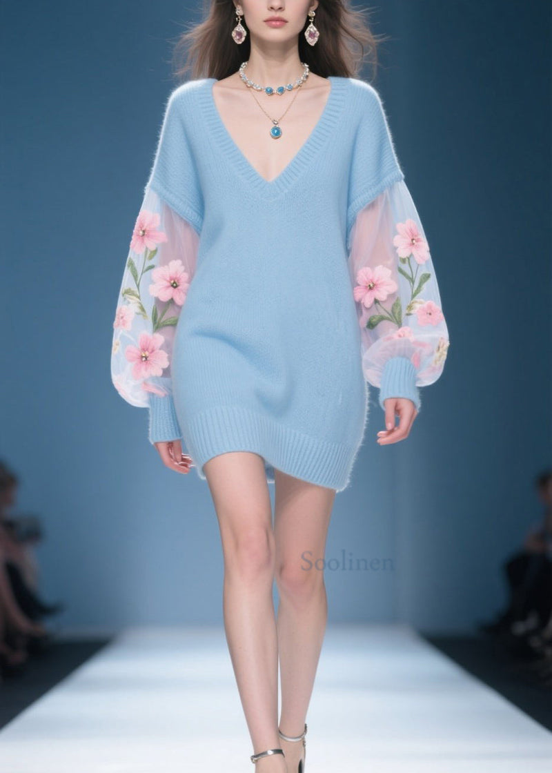 New Blue V Neck Patchwork Knit Sweater Dress Fall