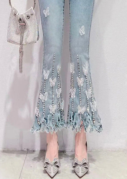 New Blue Zircon Pockets High Waist Denim Crop Pants Spring