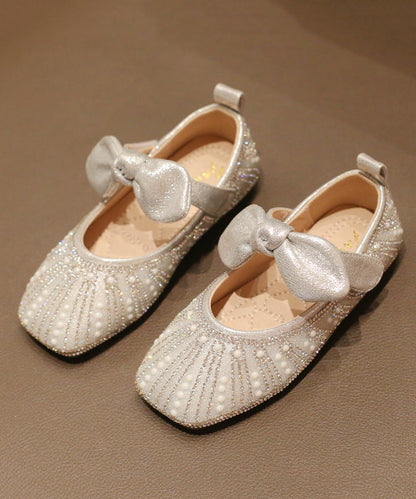 New Bow Zircon Nail Bead Kids Flat Shoes Silver Faux Leather