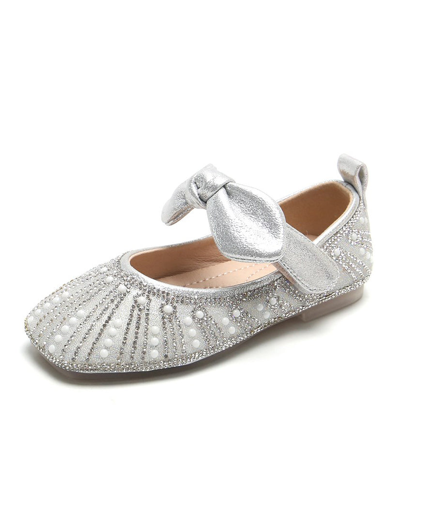 New Bow Zircon Nail Bead Kids Flat Shoes Silver Faux Leather