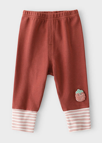 New Brick Red Elastic Waist Patchwork Cotton Kids Pants Spring