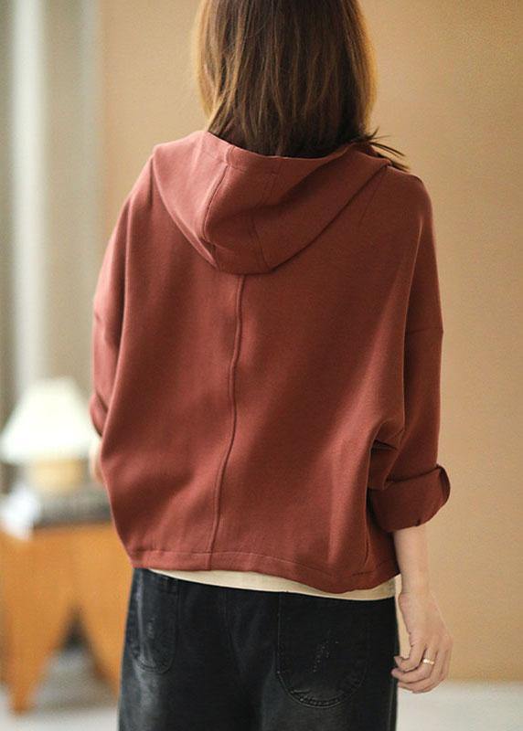 New Brick Red Hooded Zippered Pockets Fall Sweatshirts Top