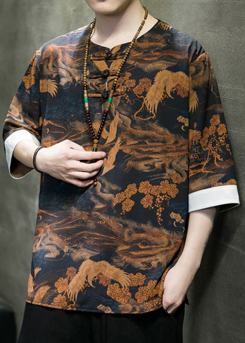New Brown Button Print Ice Silk T Shirt Half Sleeve