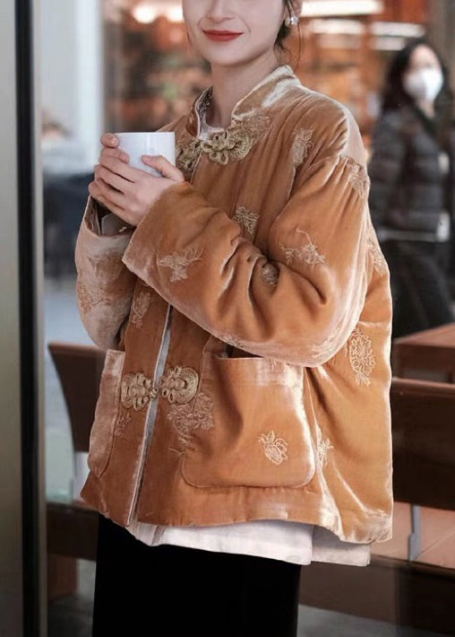 New Brown Chinese Button Pockets Parka Winter