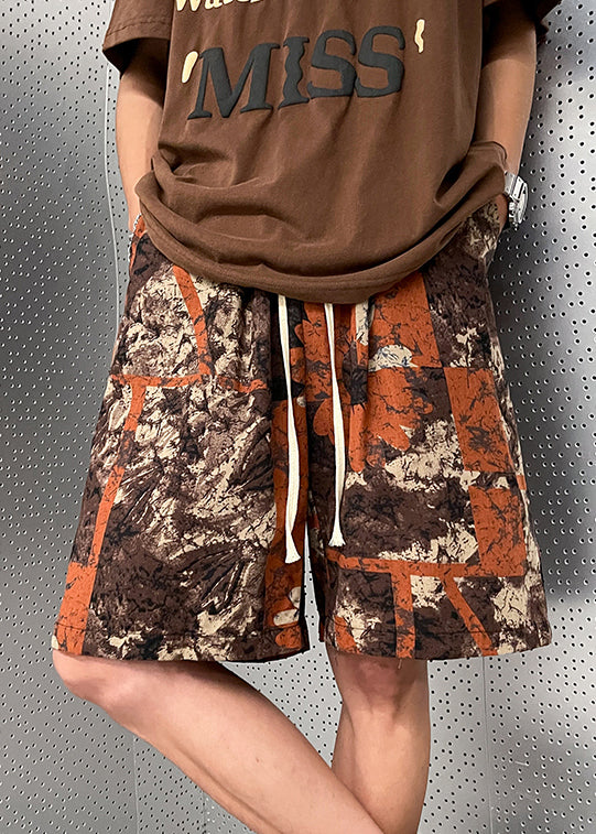 New Brown Pockets Elastic Waist Cotton Shorts Summer