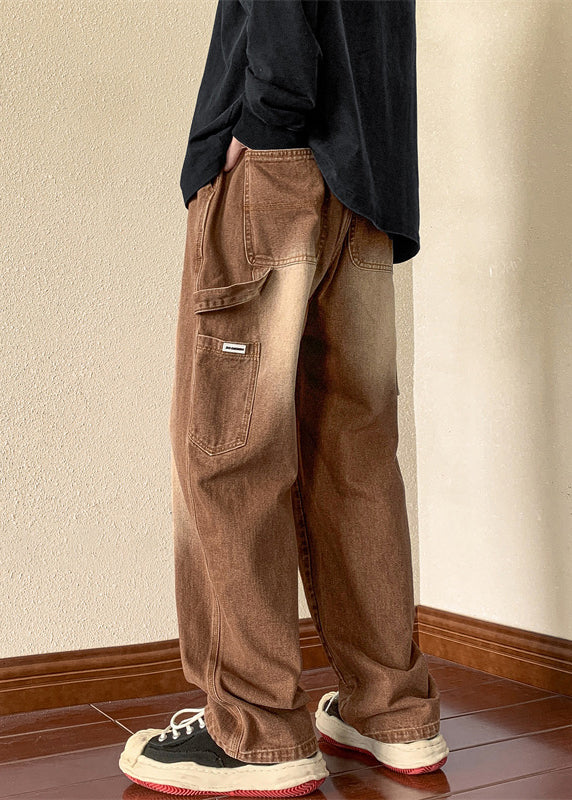 New Brown Pockets Elastic Waist Denim Pants Spring
