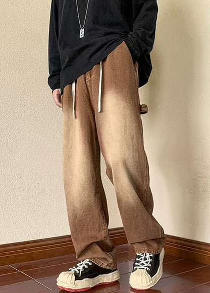 New Brown Pockets Elastic Waist Denim Pants Spring