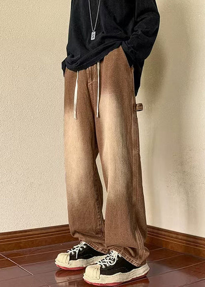 New Brown Pockets Elastic Waist Denim Pants Spring