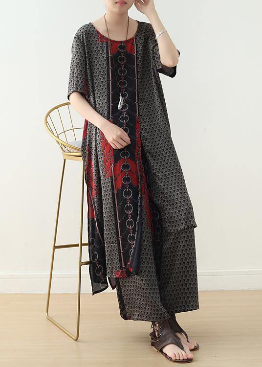 New Red Prints Silk Two Pieces Short Sleeve Tops With Wide Leg Pants