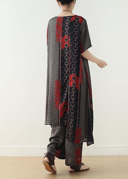 New Red Prints Silk Two Pieces Short Sleeve Tops With Wide Leg Pants