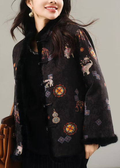 New Chinese Black Jacquard Mink Fur Fine Cotton Filled Coat Winter