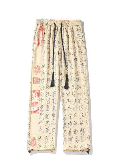 New Chinese Style Printed Ice Silk Wide Leg Pants Summer