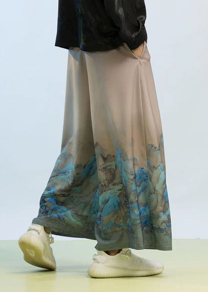 New Chinese Style Thousand Mile Jiangshan Printed Wide Leg Pants