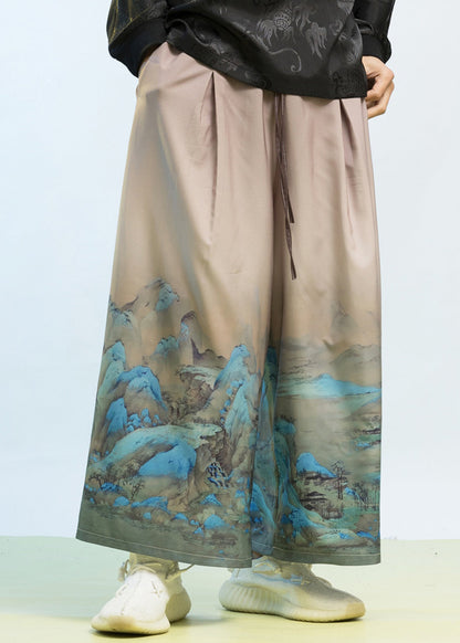 New Chinese Style Thousand Mile Jiangshan Printed Wide Leg Pants