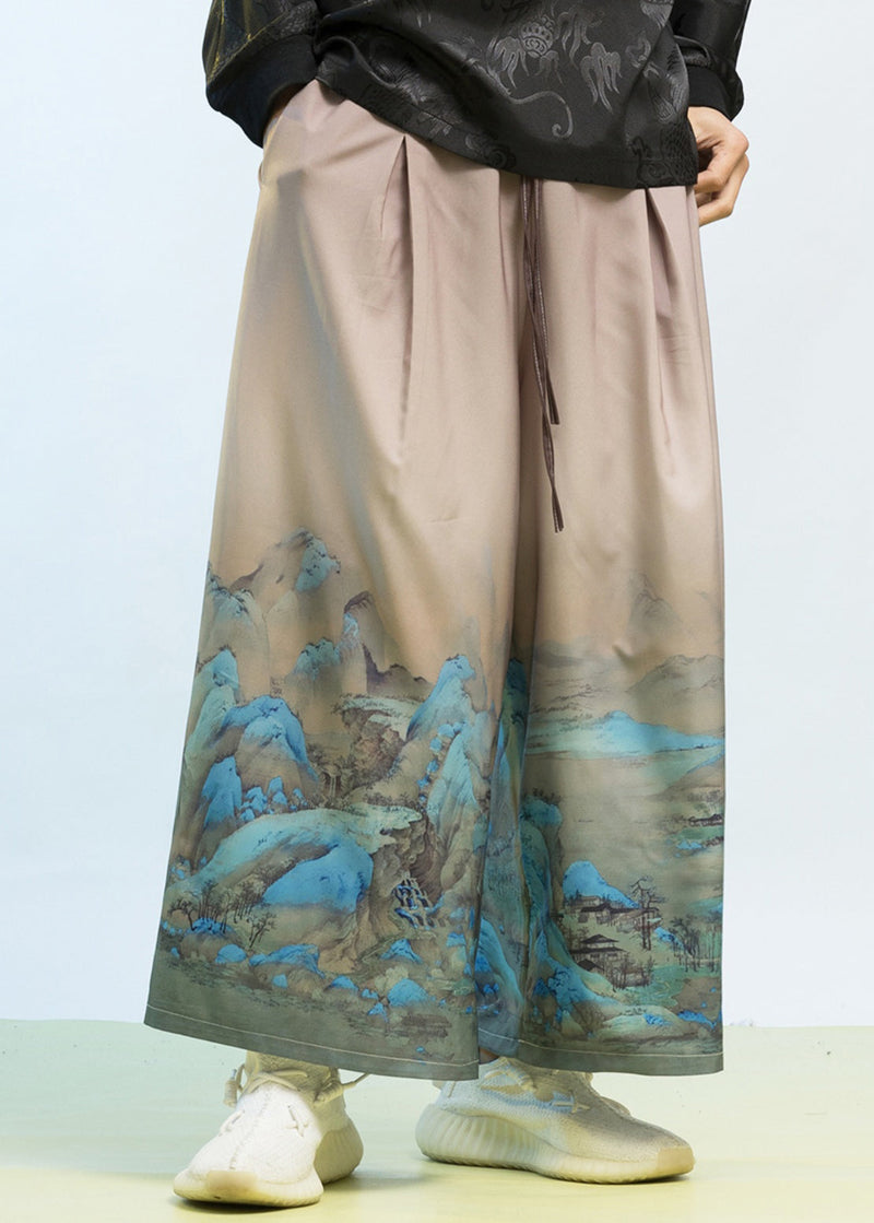 New Chinese Style Thousand Mile Jiangshan Printed Wide Leg Pants