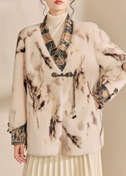 New Chinese Style V Neck Ink Painting Mink Velvet Warm Coat Spring