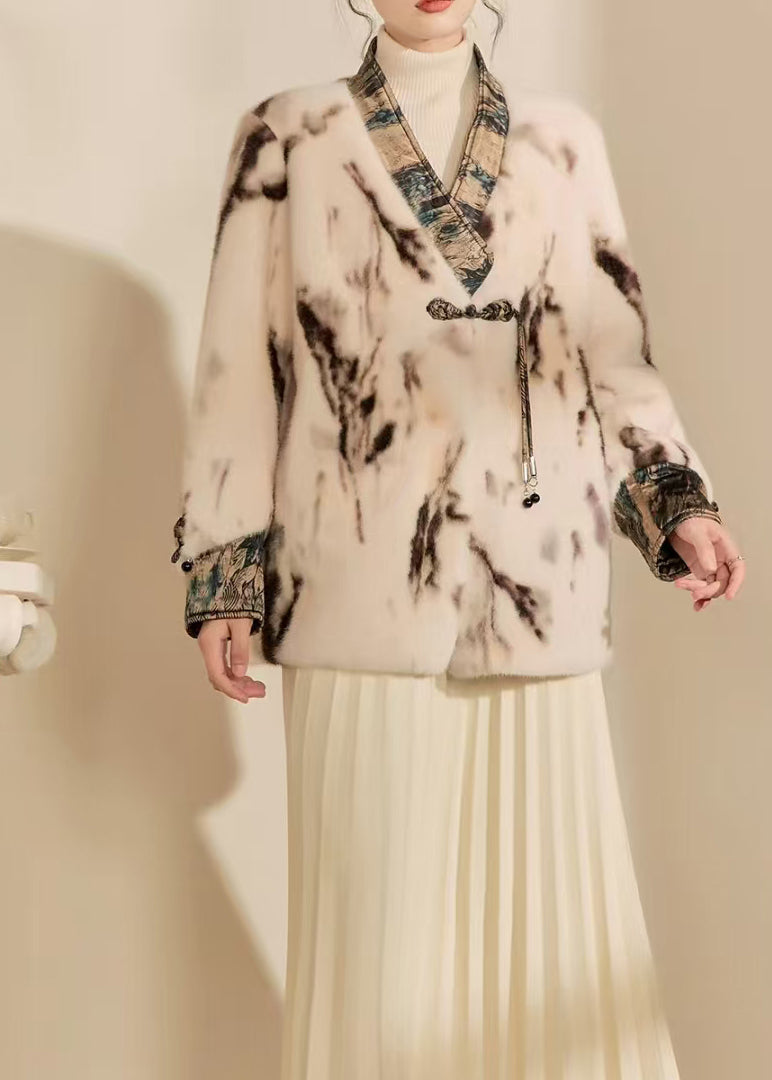 New Chinese Style V Neck Ink Painting Mink Velvet Warm Coat Spring