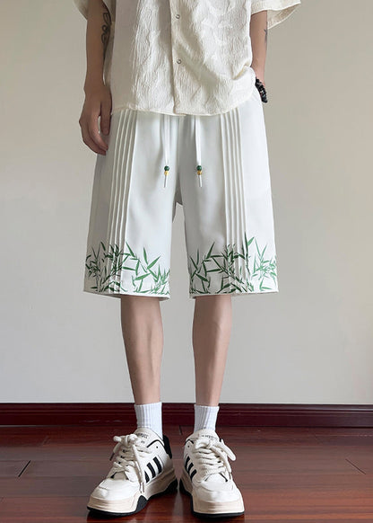 New Chinese Style White Bamboo Print Ice Silk Shorts Summer
