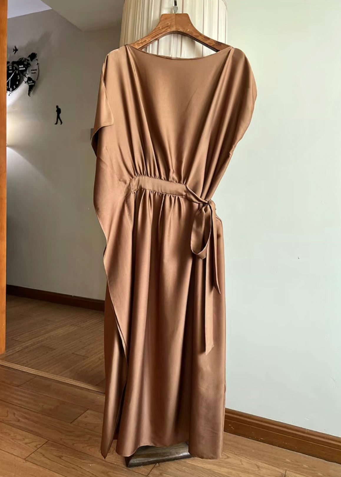 New Chocolate Lace Up Silk Long Dresses Summer