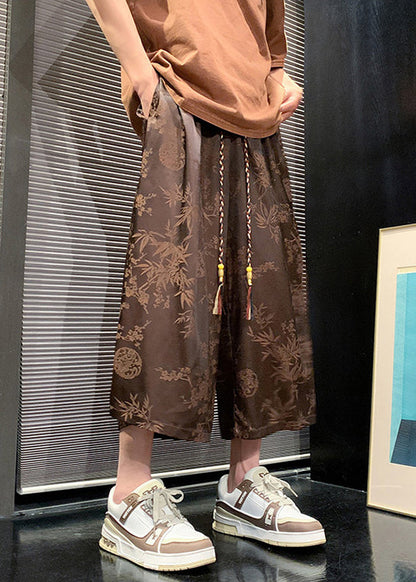 New Chocolate Pockets Print Ice Silk Crop Pants Summer
