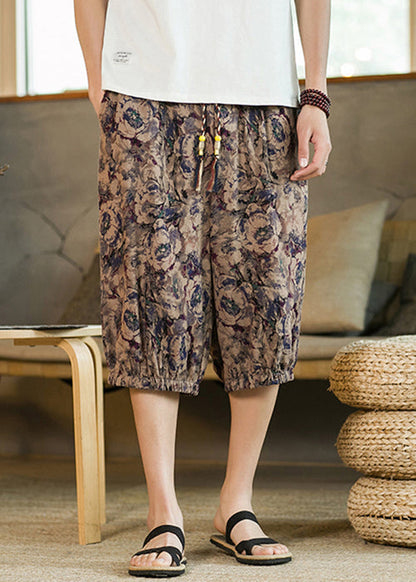 New Coffee Lace Up Elastic Waist Cotton Beam Pants Summer