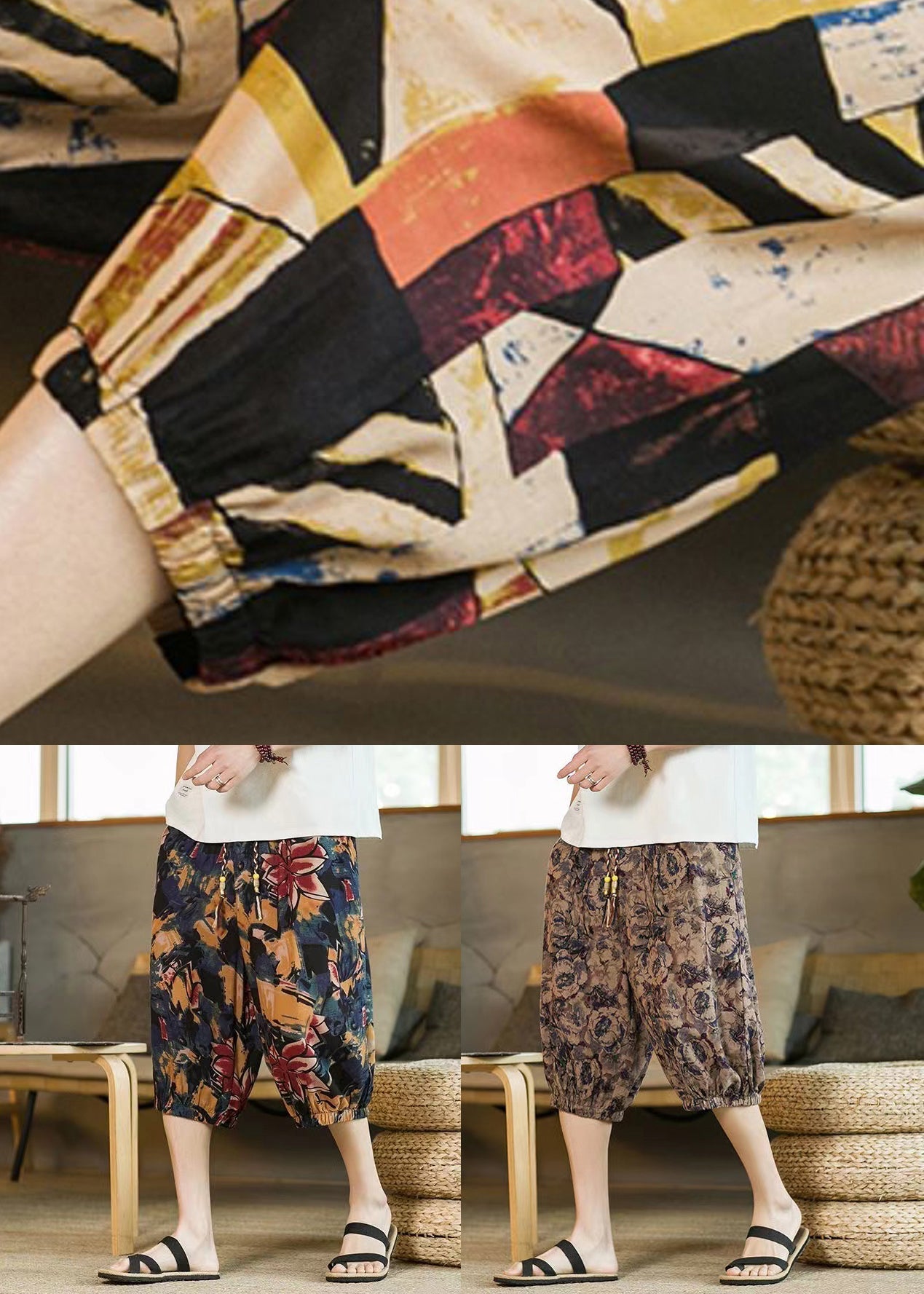 New Coffee Lace Up Elastic Waist Cotton Beam Pants Summer