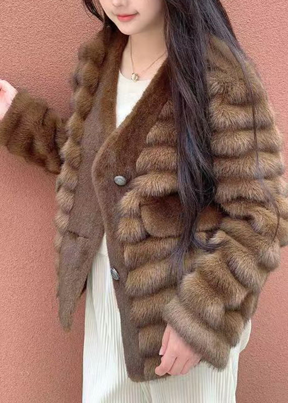 New Coffee Patchwork Leather and Fur Coats Spring