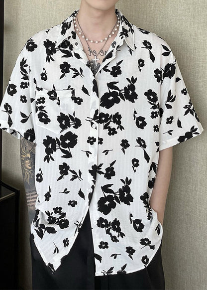 New Coffee Peter Pan Collar Print Hawaiian Shirts Summer