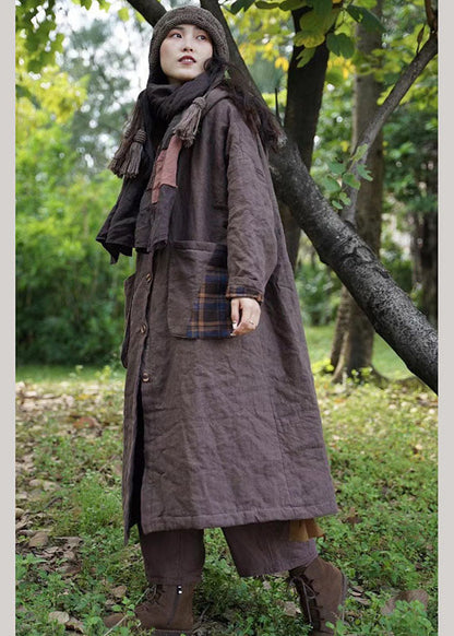 New Chocolate Plaid Hooded Wear on Both Sides Pockets Winter Cotton Coat