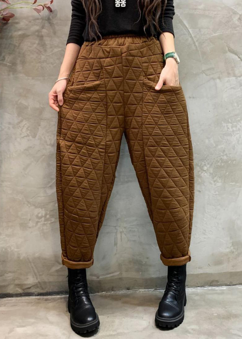 New Coffee Pockets Elastic Waist Cotton Filled Harem Pants Winter