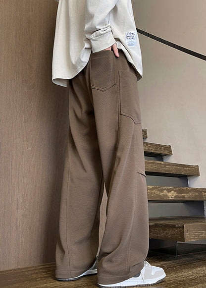 New Coffee Pockets Elastic Waist Warm Fleece Pants Spring