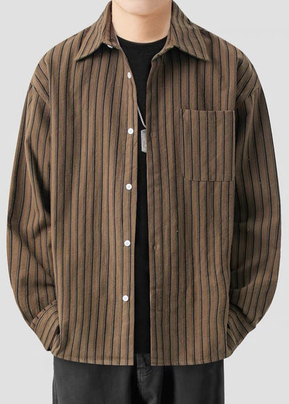 New Coffee Striped Button Pockets Cotton Men Shirts Spring