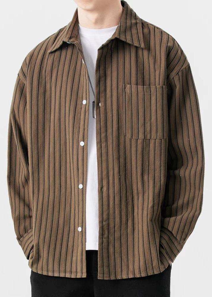 New Coffee Striped Button Pockets Cotton Shirts Spring
