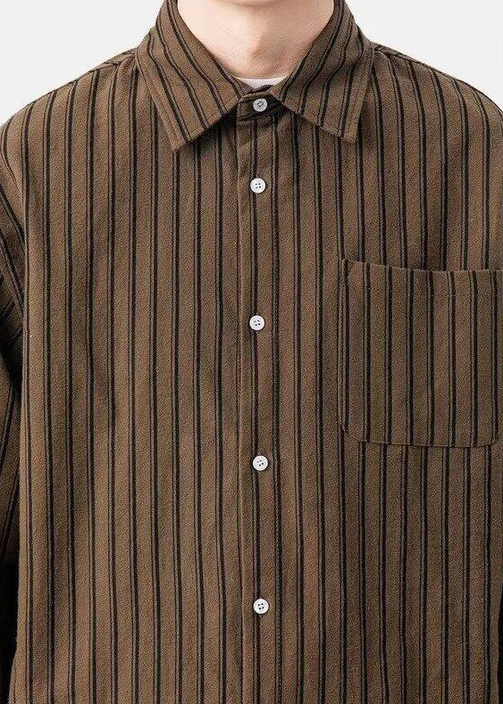 New Coffee Striped Button Pockets Cotton Men Shirts Spring