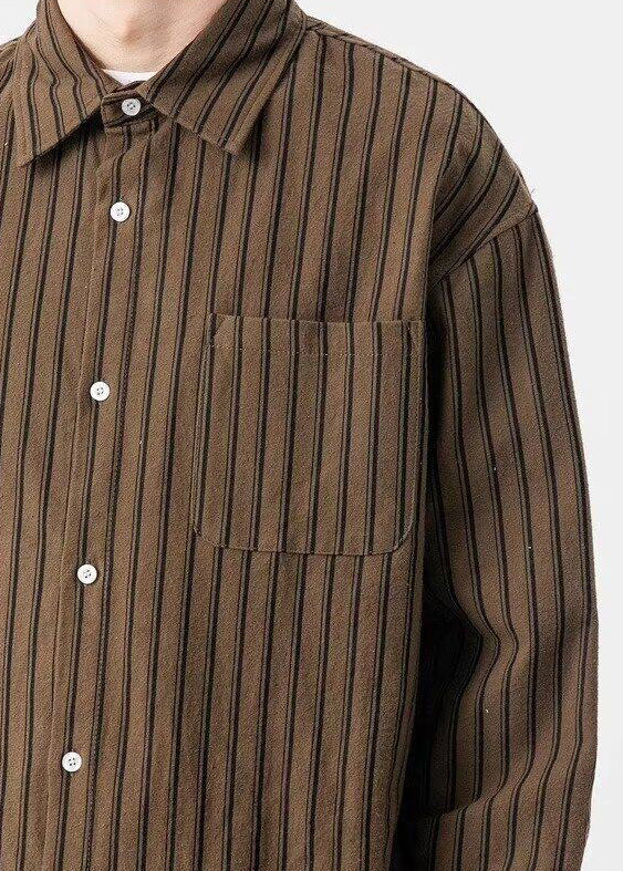 New Coffee Striped Button Pockets Cotton Shirts Spring