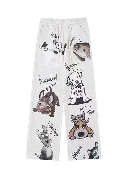 New Dog Print Warm Fleece High Waist Sports Wide Leg Pants Spring