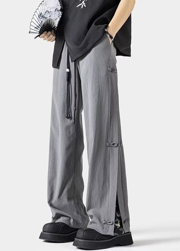 New Dark Grey Chinese Button Ice Silk Straight Leg Pants Summer