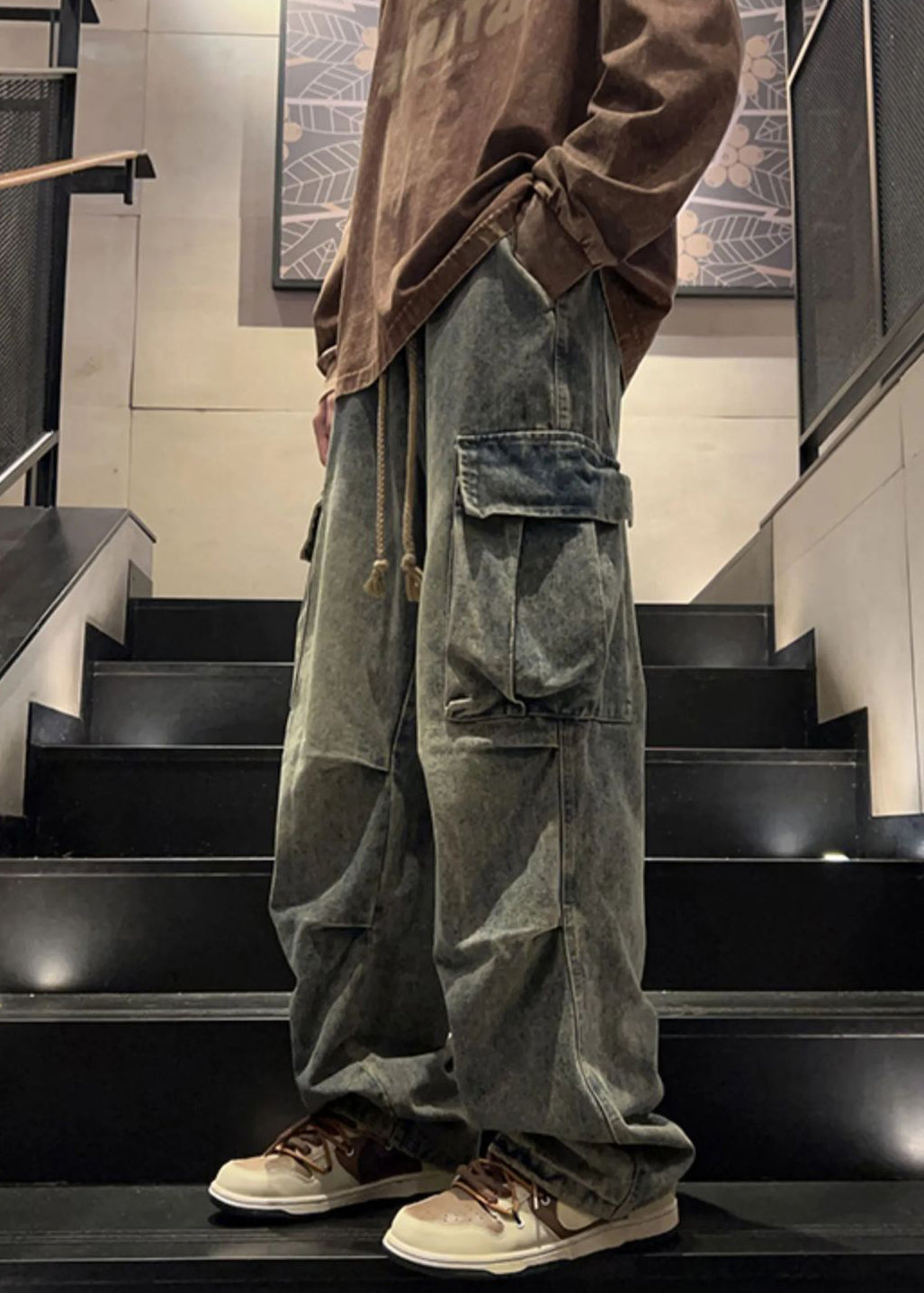 New Denim Blue Wrinkled Pockets Elastic Waist Pants Spring