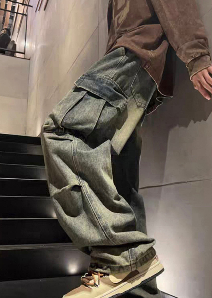 New Denim Blue Wrinkled Pockets Elastic Waist Pants Spring