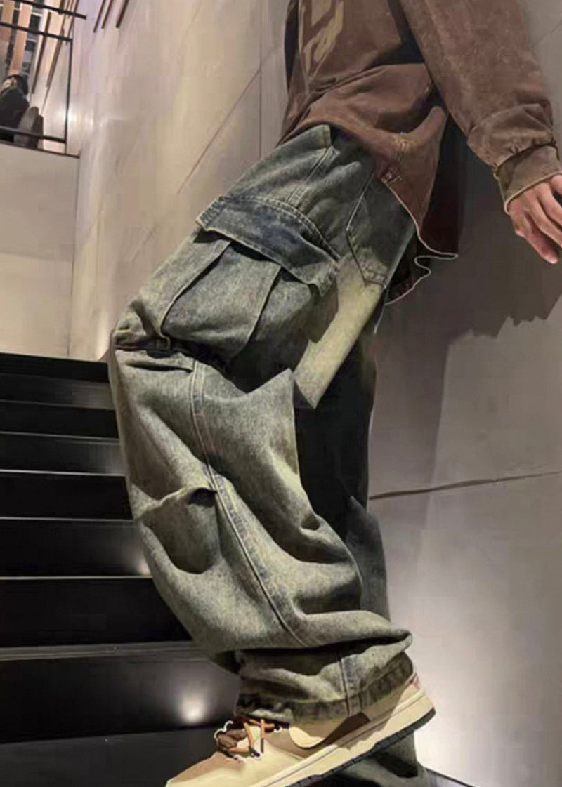 New Denim Blue Wrinkled Pockets Elastic Waist Pants Spring