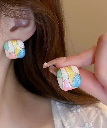 New Alloy Enamel Square Contrast Color Stud Earrings Female Sweet