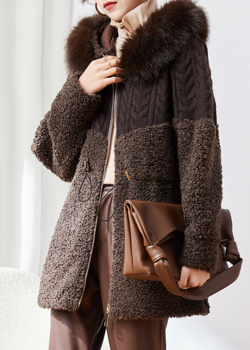 New Coffee Knitted Patchwork Faux Fur Thick Hooded Coats Winter